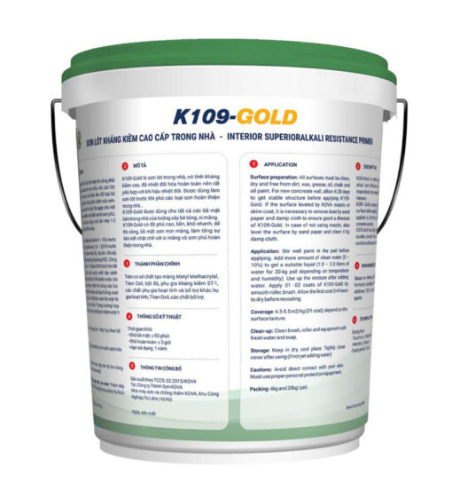 Sơn Kova lót kháng kiềm cao cấp trong nhà K109-GOLD-thùng 25kg mặt sau