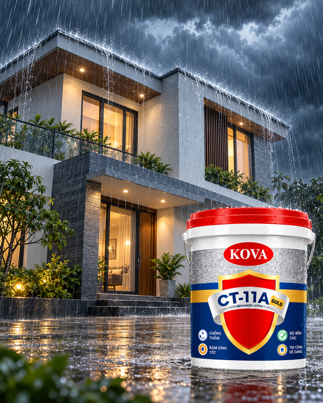 Thùng chống thấm KOVA CT-11A trước ngôi nhà dưới trời mưa