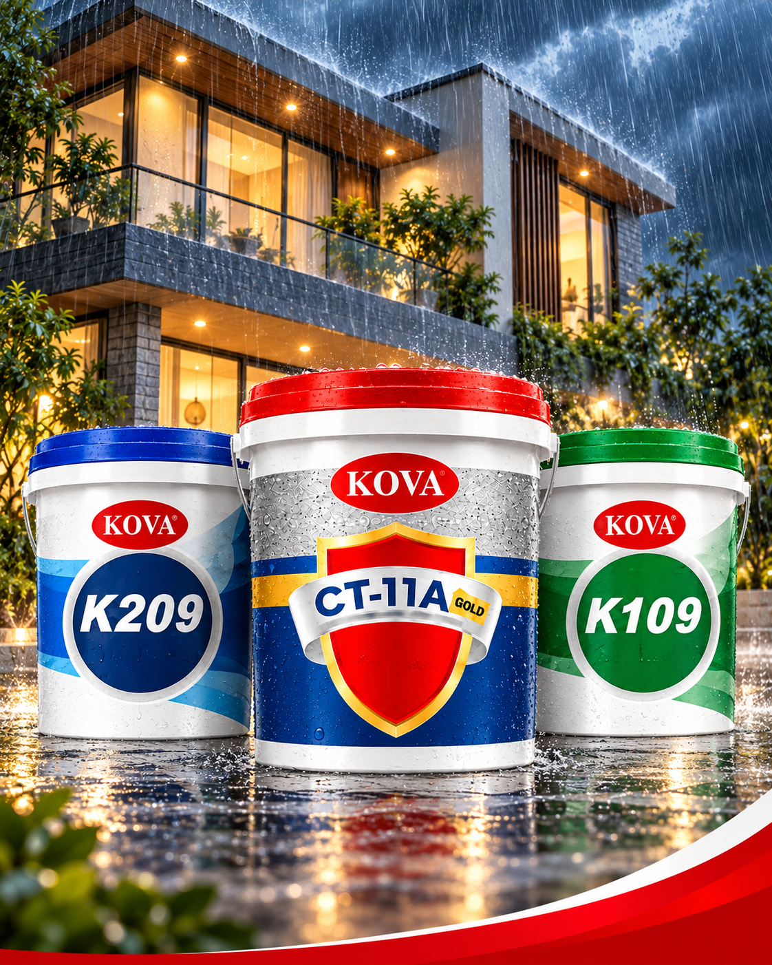 Ba thùng sơn KOVA mặt trước: CT-11A Gold ở giữa, K209 bên trái và K109 bên phải, trước ngôi nhà dưới mưa